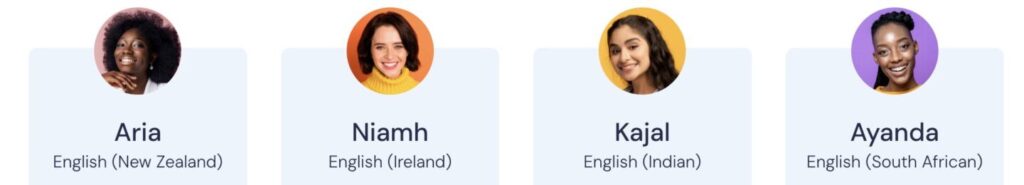 Four women are shown above labels with their names—Aria, Niamh, Kajal, Ayanda—and their corresponding English accents: New Zealand, Ireland, Indian, and South African.